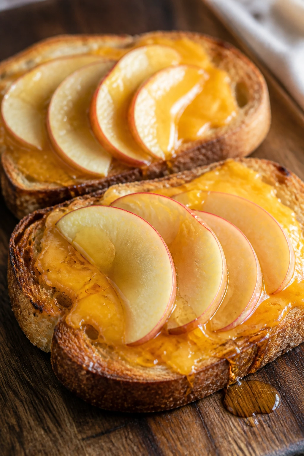 Toasted apple cheddar on rustic board with apple slices