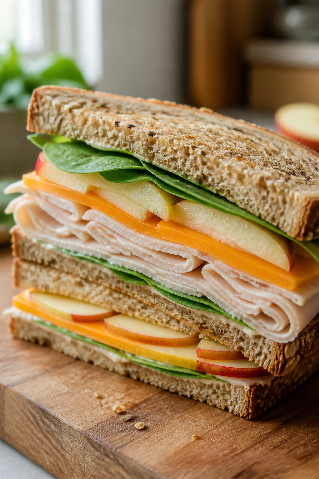 Cross-section of apple cheddar turkey sandwich