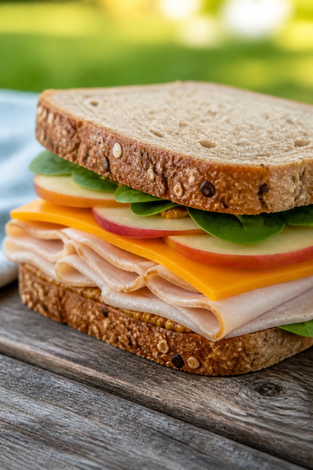 Close-up of an Apple Cheddar Turkey Sandwich on whole-grain bread at a sunlit outdoor picnic