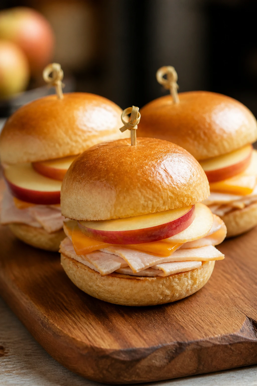 Close-up of Apple-Cheddar Turkey Sliders on a wooden board