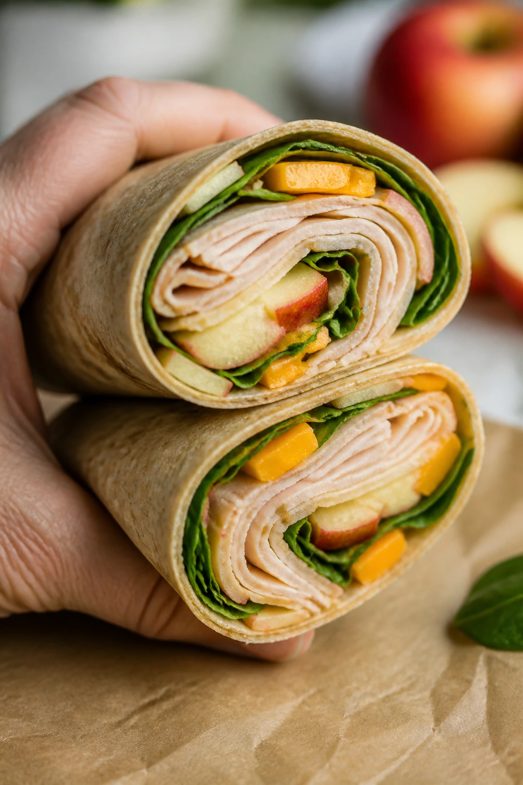 Close-up of apple cheddar turkey wrap cut in half showing turkey, cheddar, apple, spinach