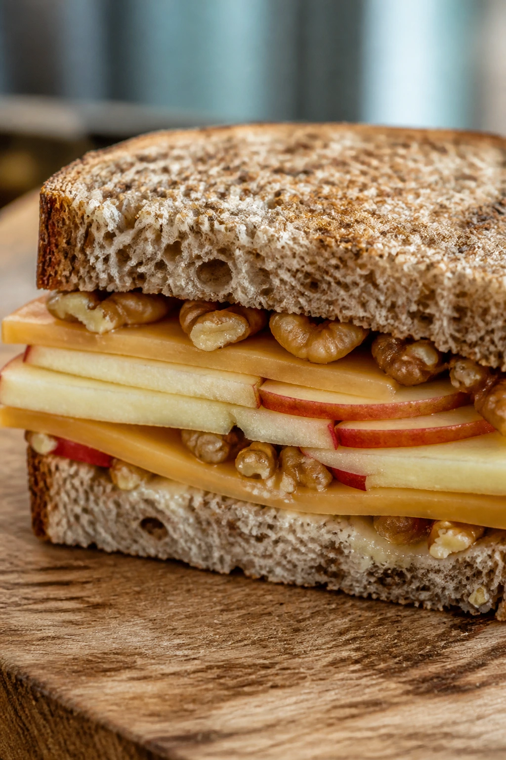 Cross-section of apple cheddar walnut sandwich with crisp apples and walnuts
