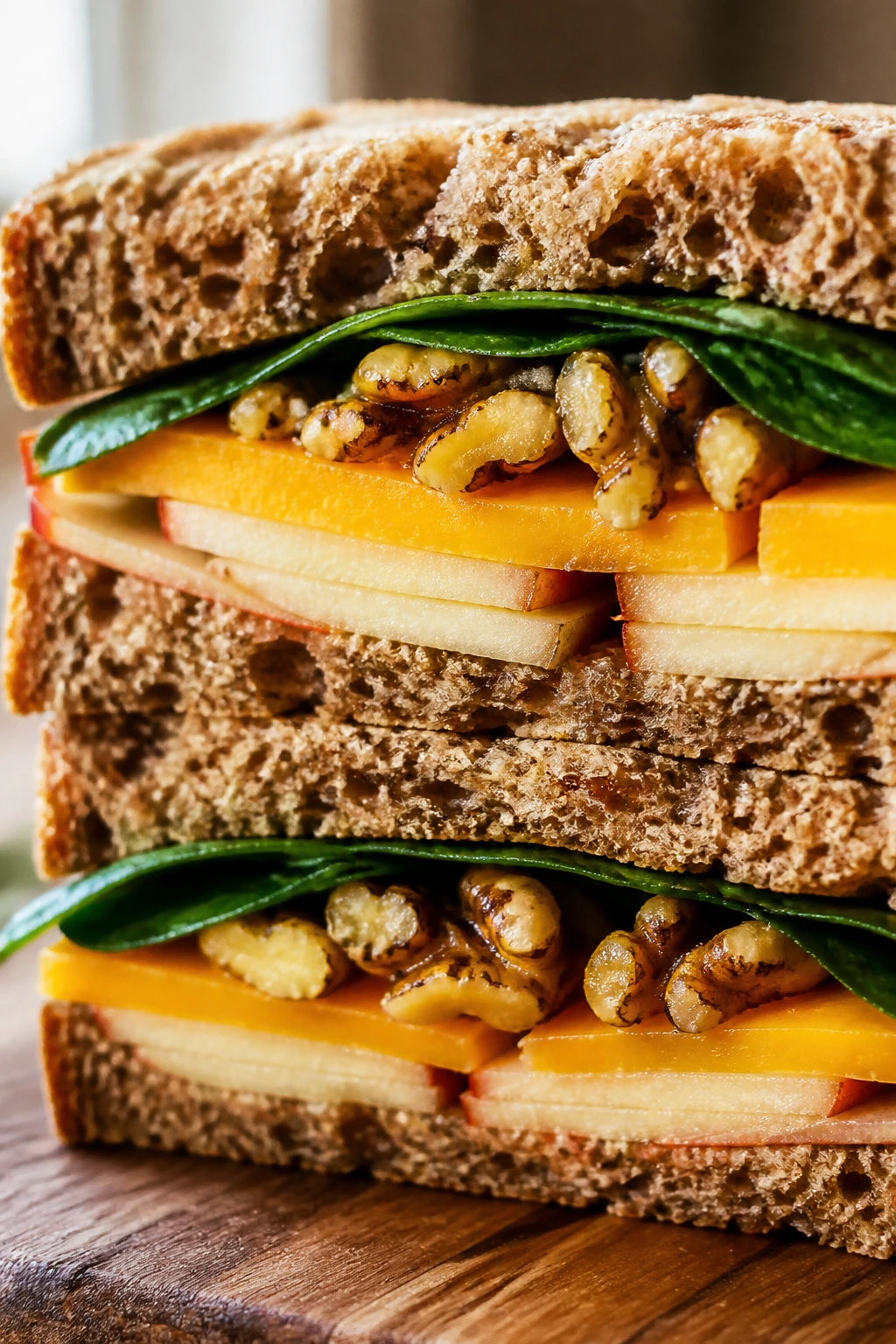 Close-up cross-section of an apple cheddar walnut sandwich on a wooden board