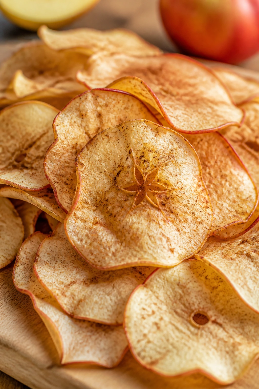 Close-up of crisp apple chips on a wooden surface.