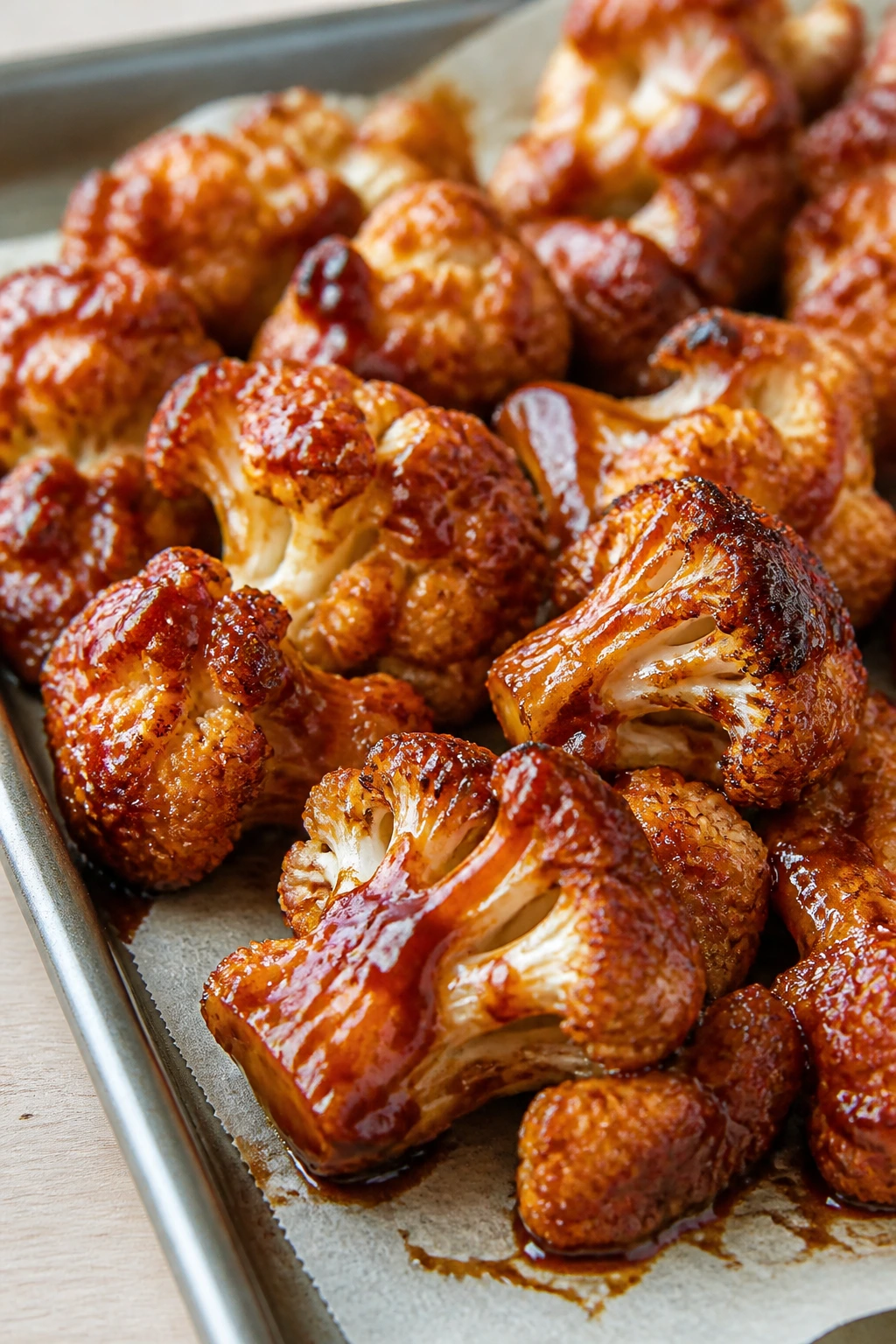 Close-up of apple cider glazed cauliflower wings on parchment