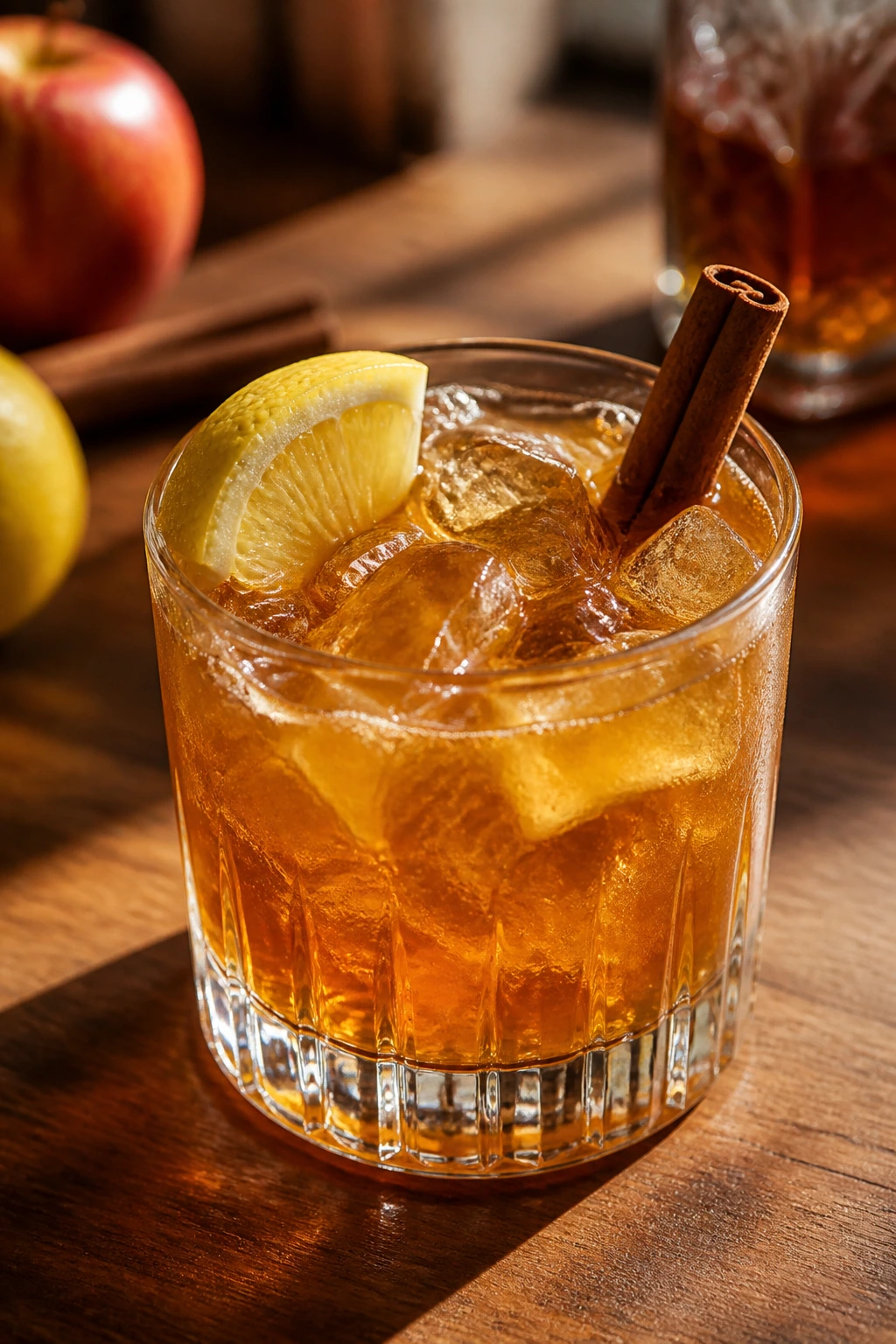 Rocks glass of apple cider bourbon smash with cinnamon stick on a warm kitchen counter