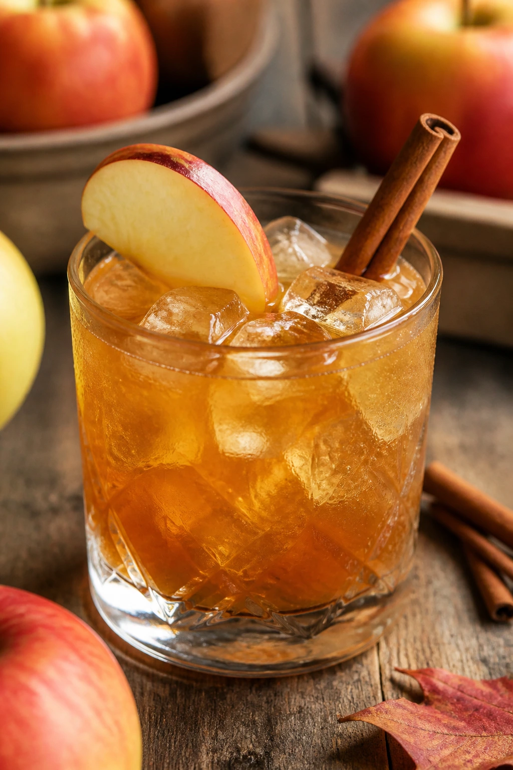 Apple cider bourbon smash in a rocks glass with apple slice and cinnamon stick