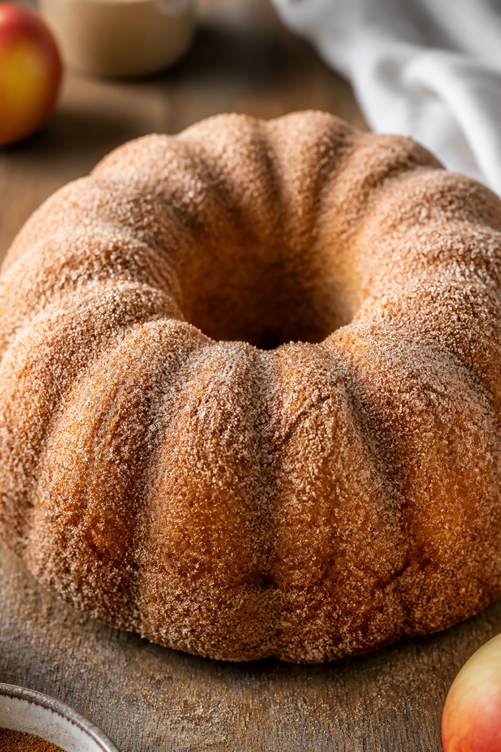 Bundt cake with cinnamon sugar coating on a kitchen counter
