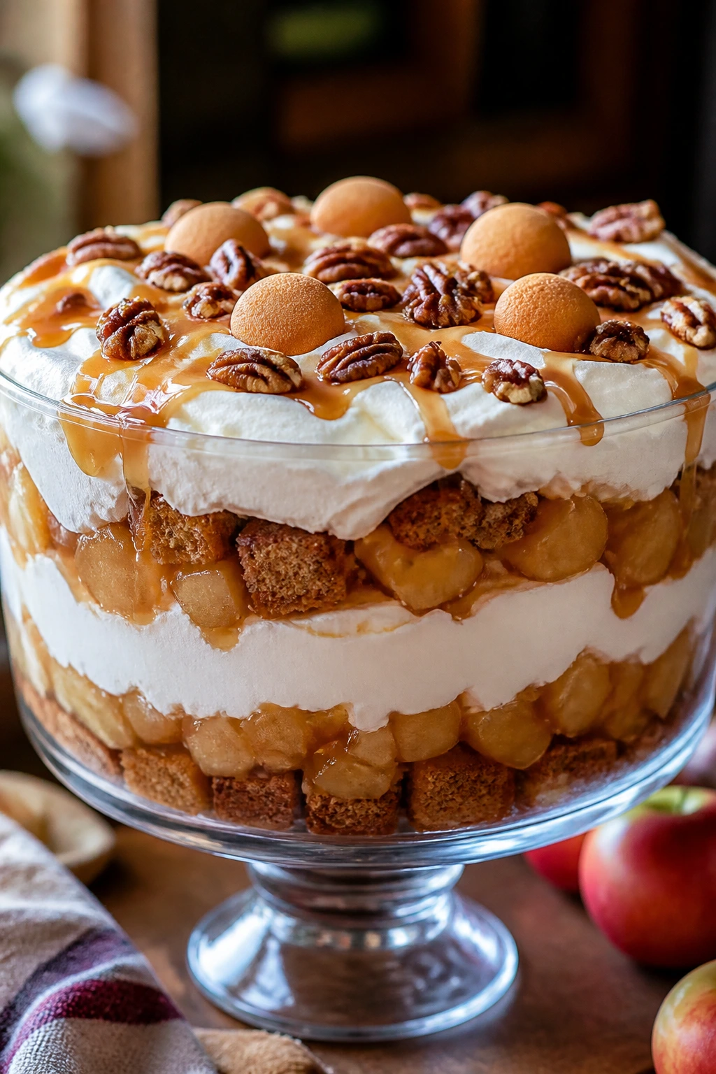 Apple cider caramel trifle in glass bowl