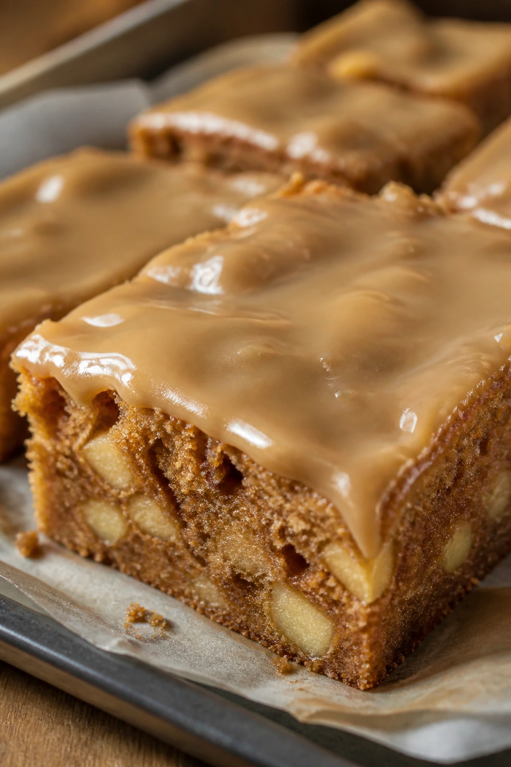 Close-up of apple cider glaze bar with glossy top