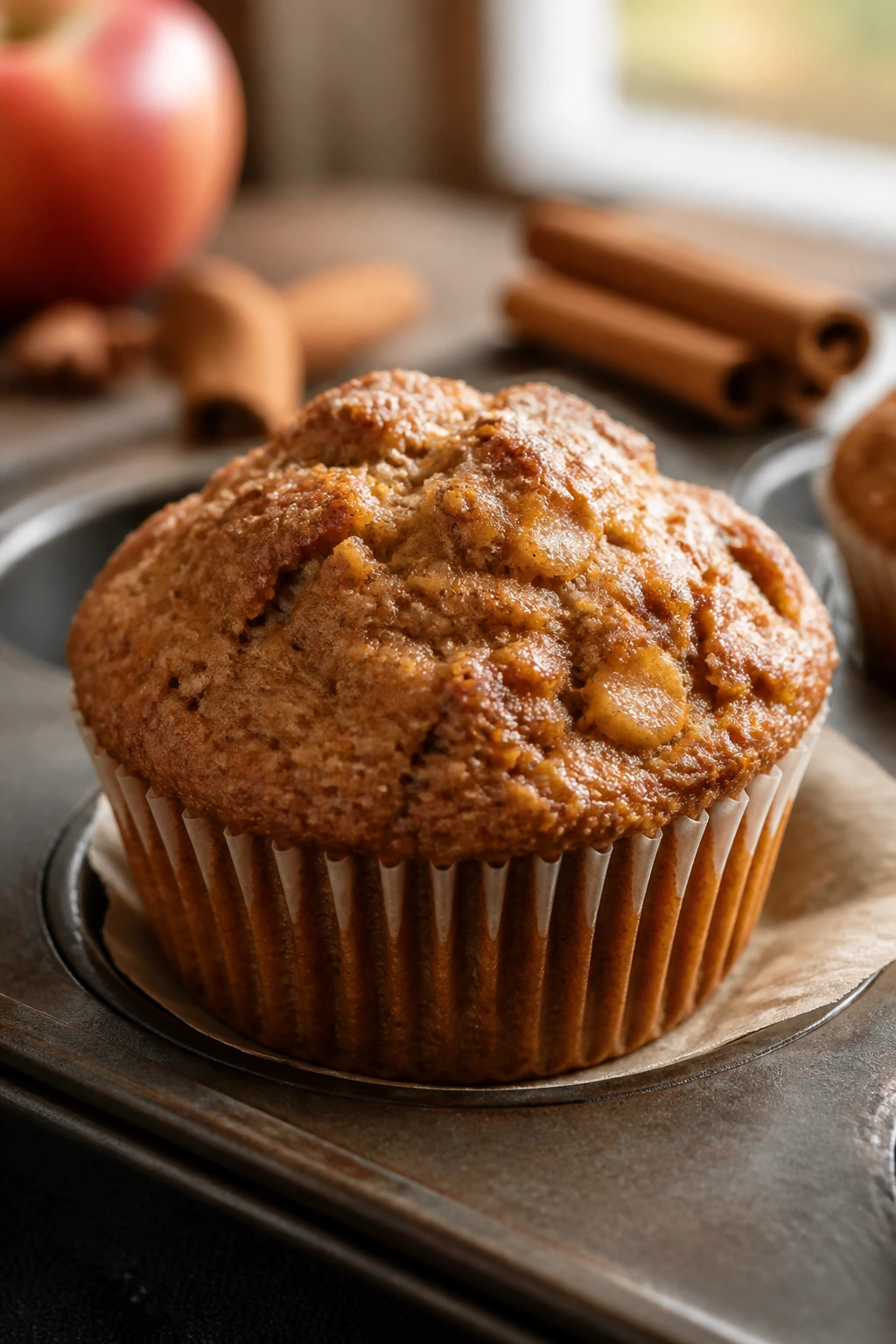 Domed apple cider muffin on parchment with warm kitchen backdrop