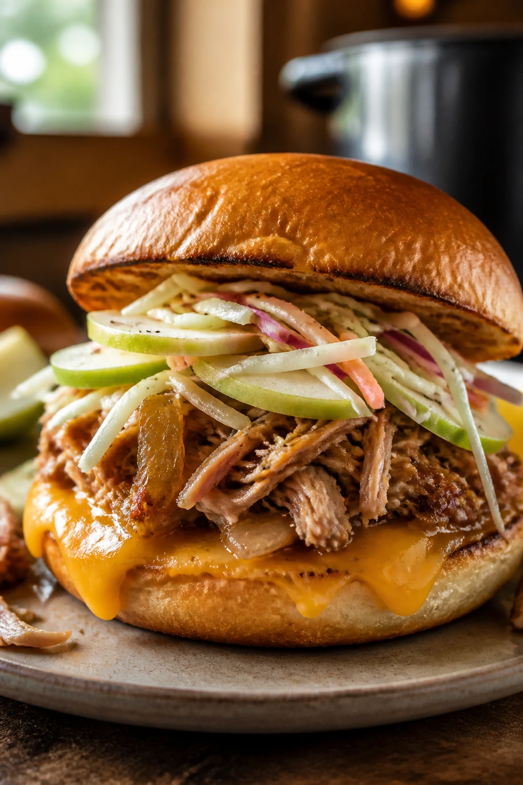 Close-up of Apple Cider Pork Sandwich with cheddar and apples