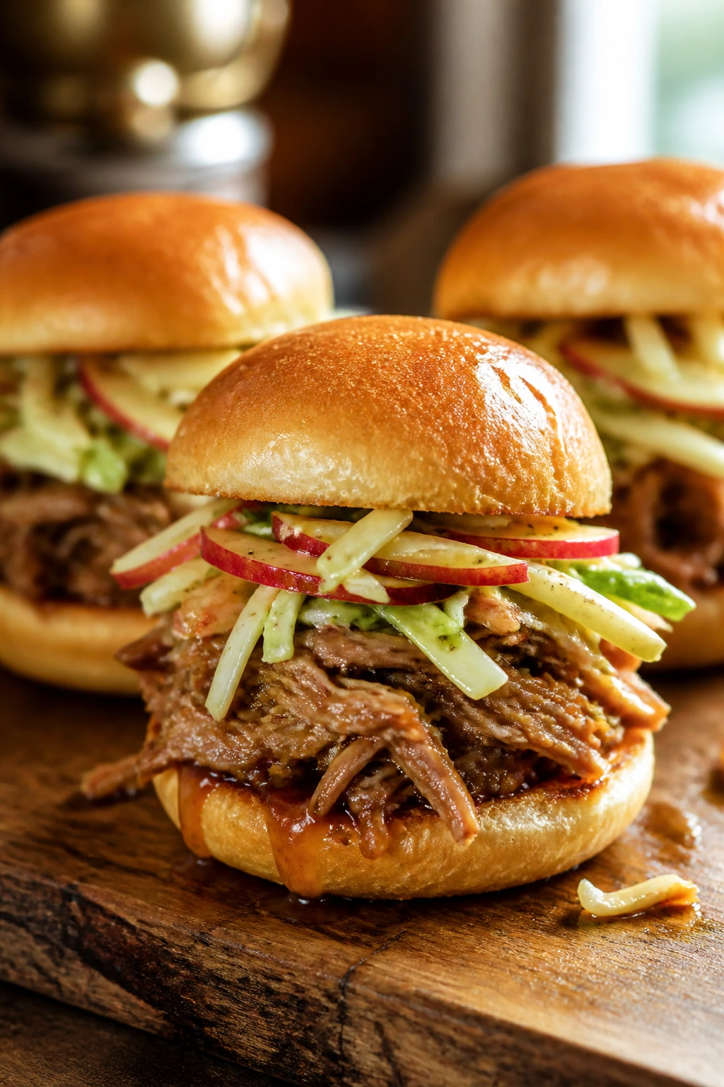 Pork slider with apple slaw on wood board