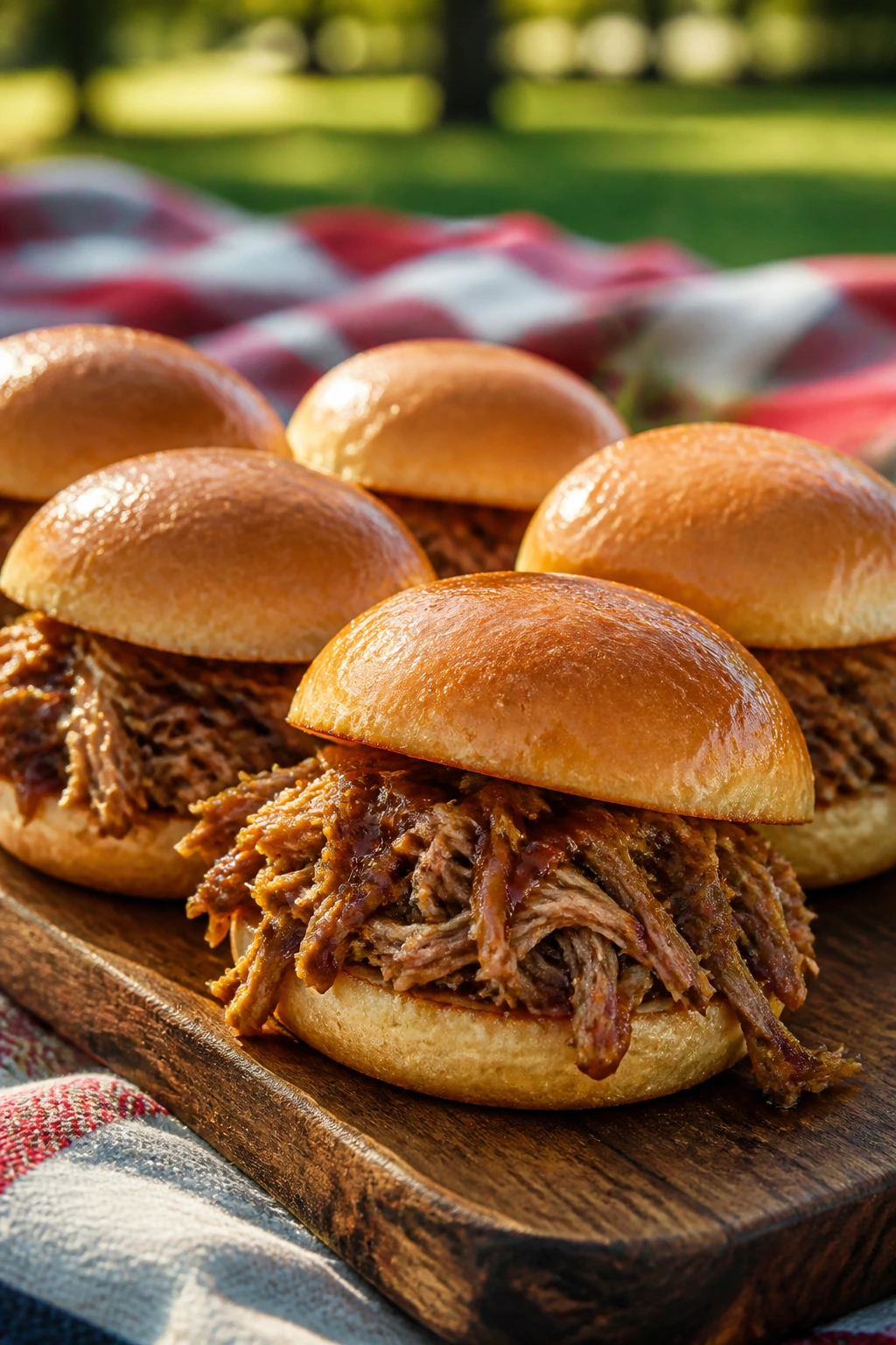 Close-up of Apple Cider Pulled Pork Sliders on a wooden board in a sunlit outdoor picnic