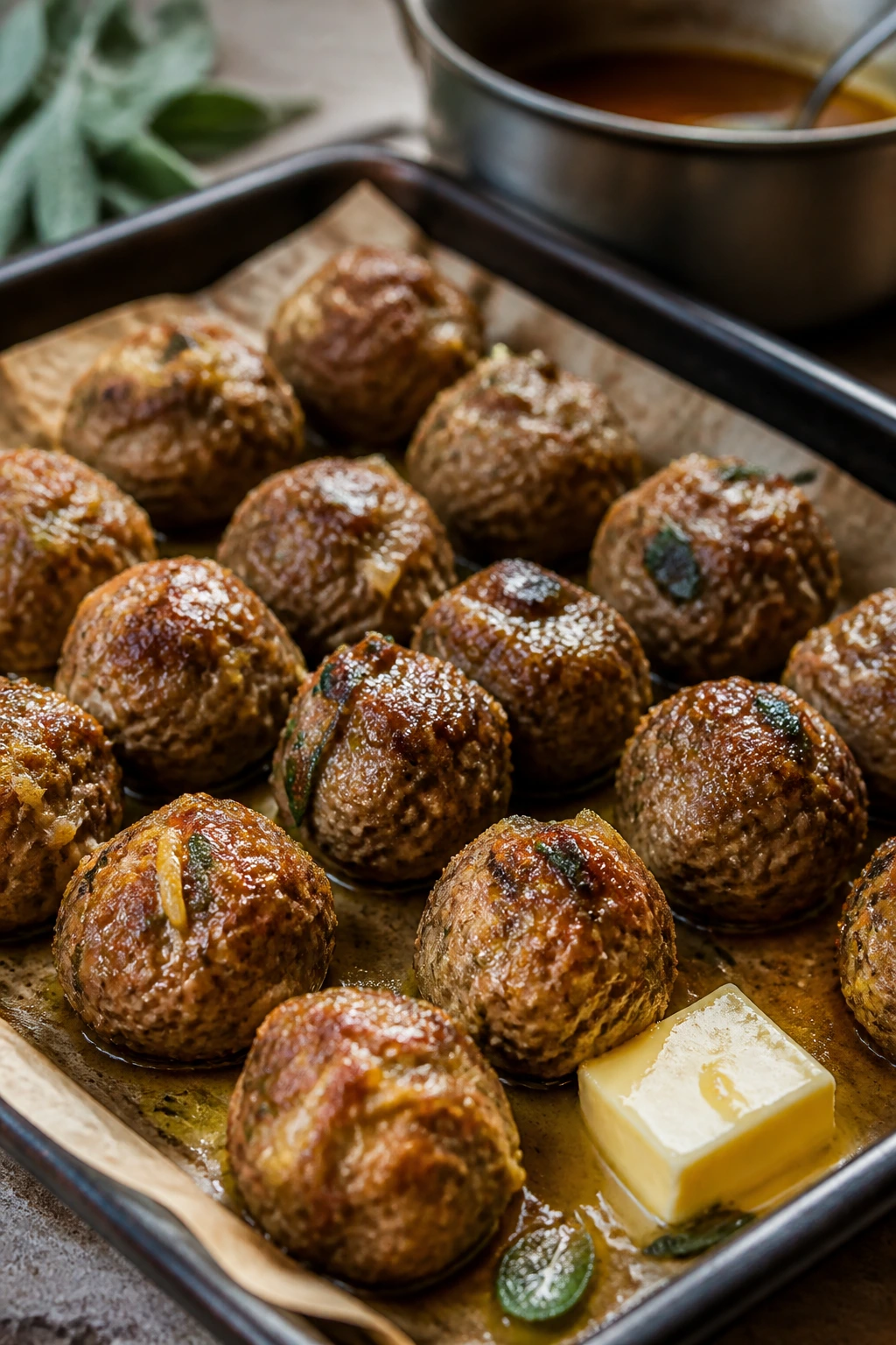 Beef and pork meatballs with apple and sage in cider glaze