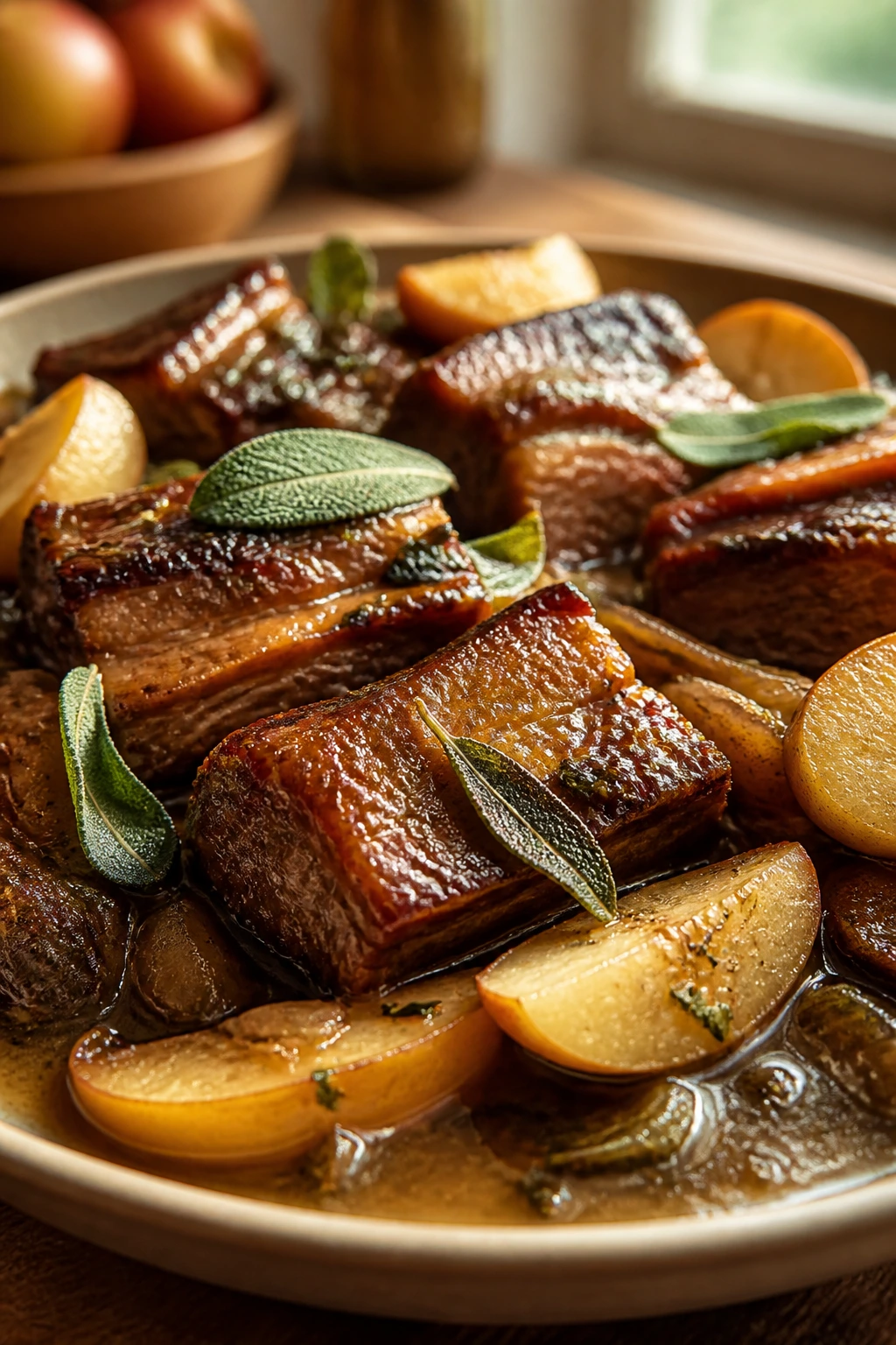 Pork belly with apples and sage in a cozy kitchen