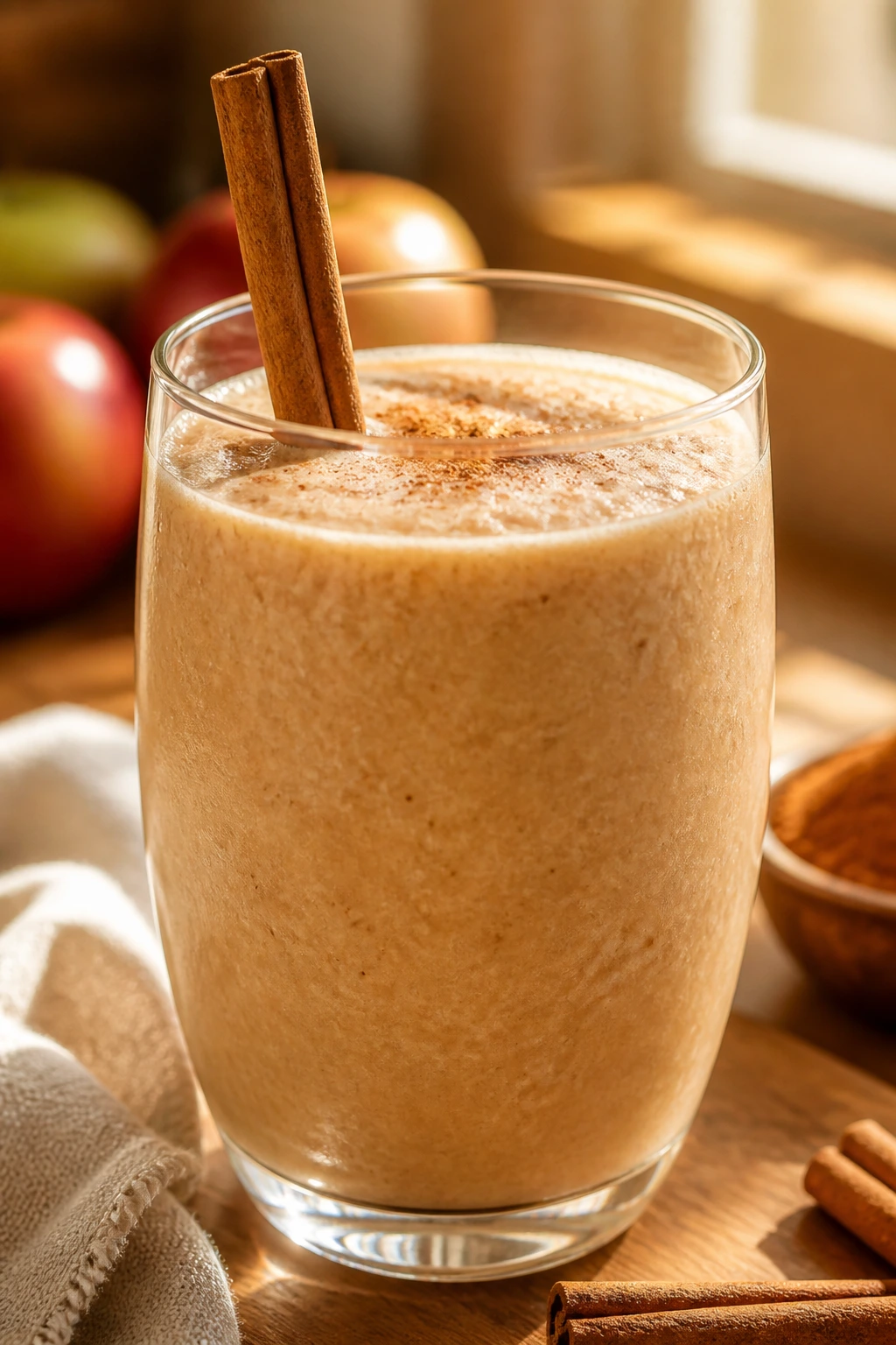 Close-up of Apple Cider Pie Smoothie in glass with cinnamon stick