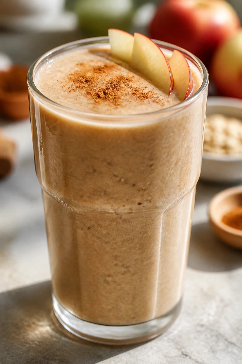 Close-up of apple cinnamon almond smoothie in a glass on a counter