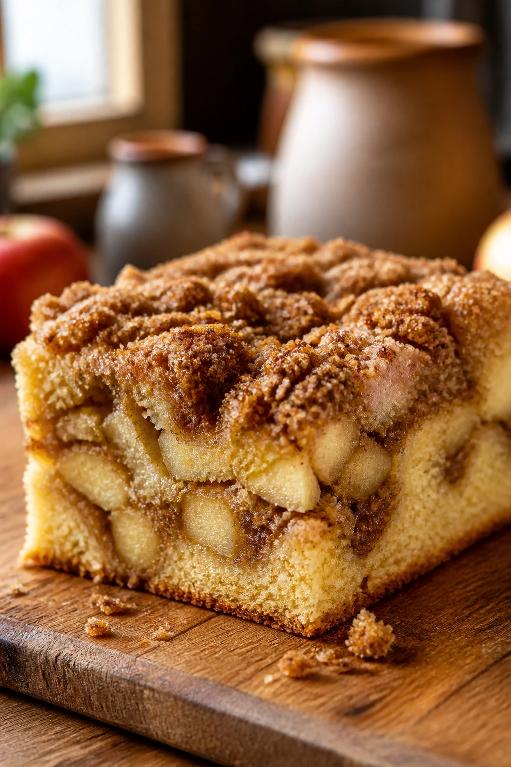 Square piece of apple cinnamon coffee cake on wooden board