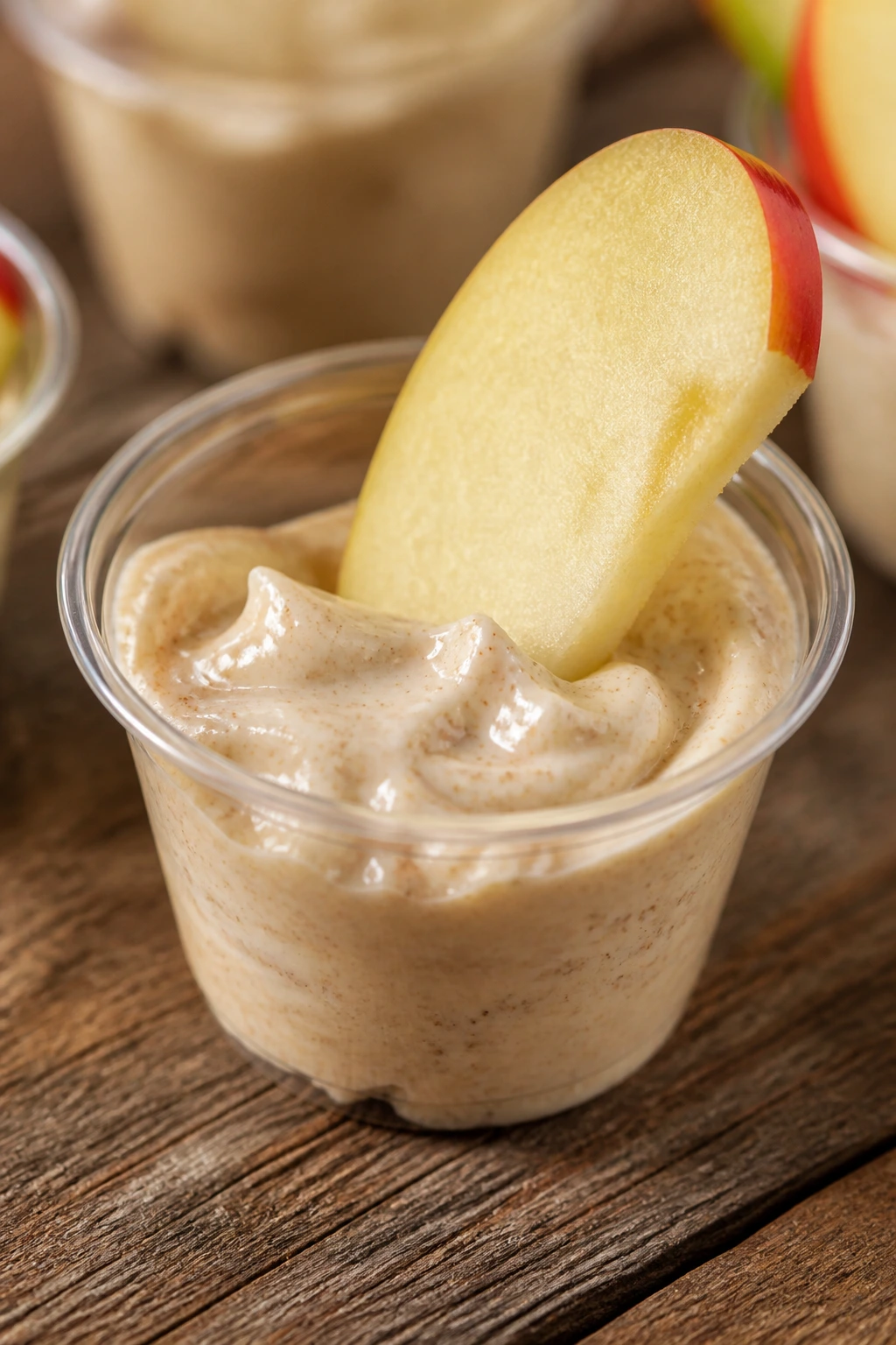 Close-up of an apple cinnamon dip cup with apple slice on a rustic wooden table