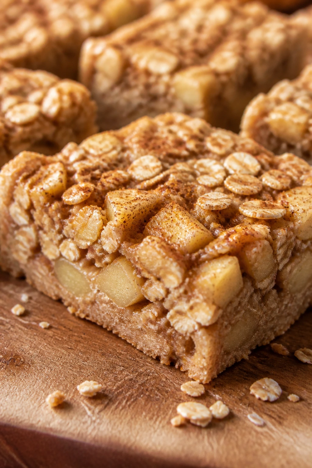 Close-up of an apple cinnamon oat bar on a cutting board