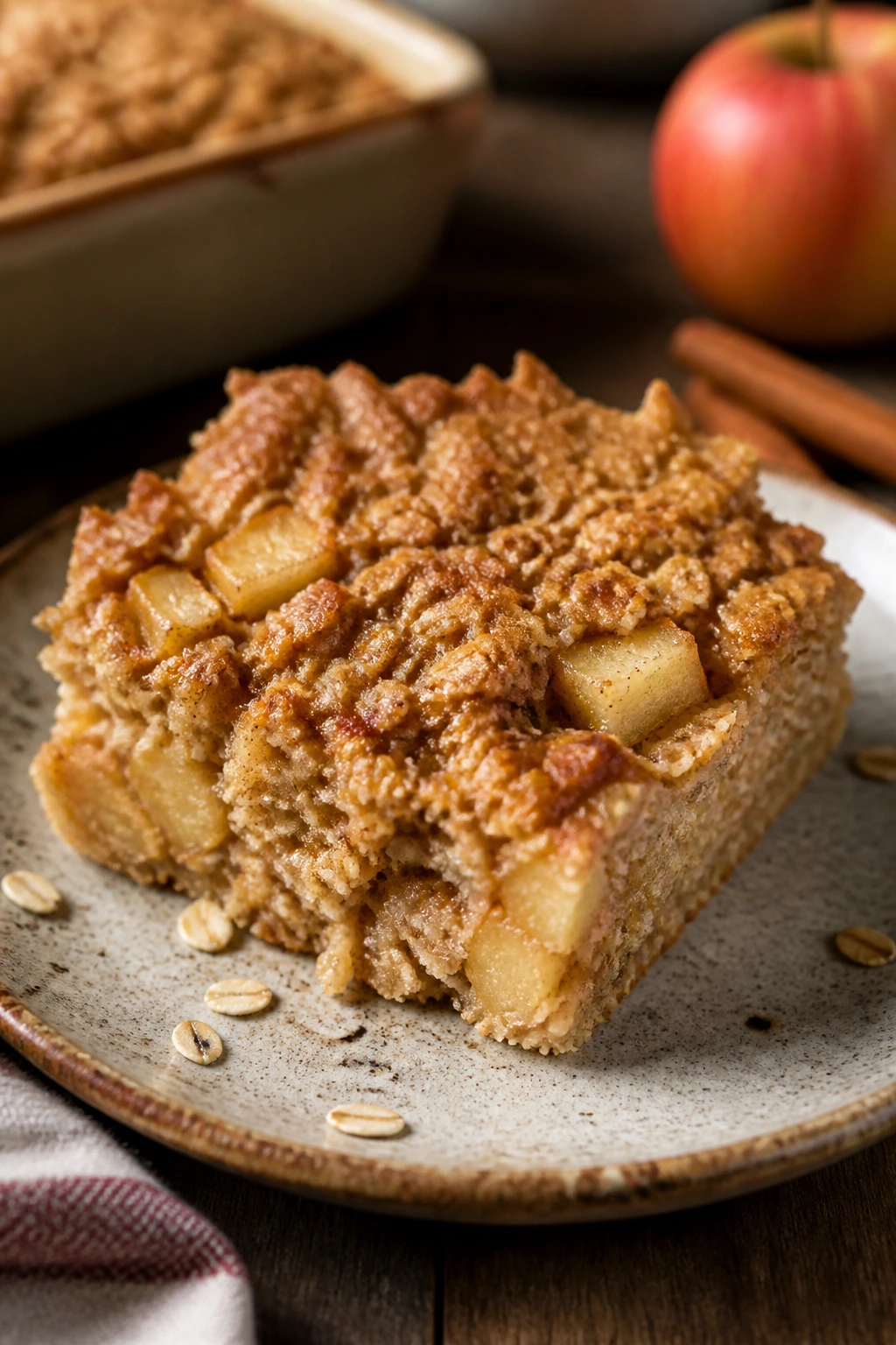 Slice of apple cinnamon baked oatmeal on a plate