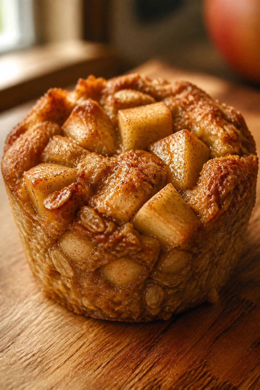 Close-up of apple cinnamon baked oatmeal cup on wooden counter
