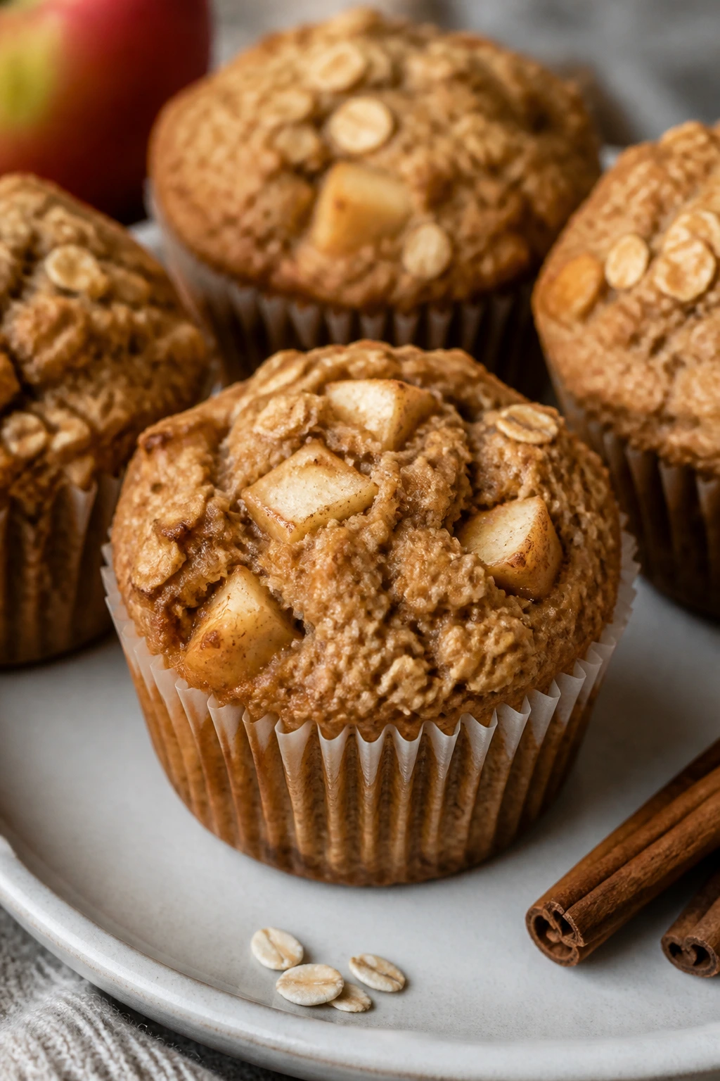 Close-up of apple cinnamon oatmeal muffins on a plate