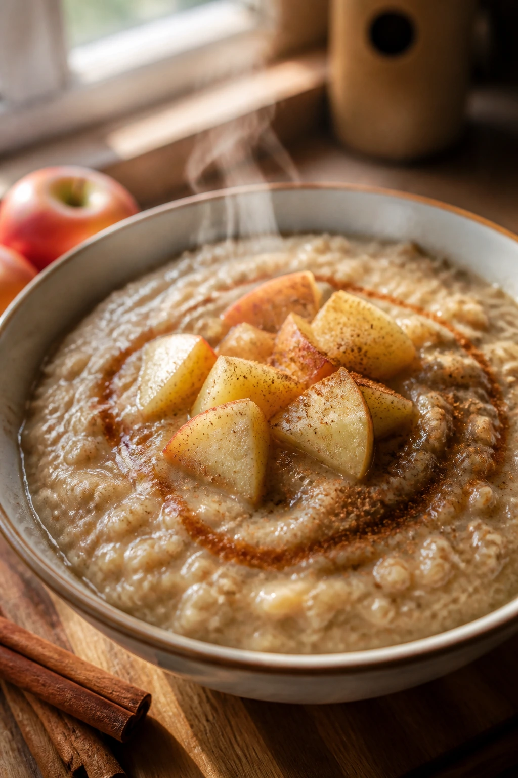 Close-up of apple cinnamon oatmeal with apple chunks