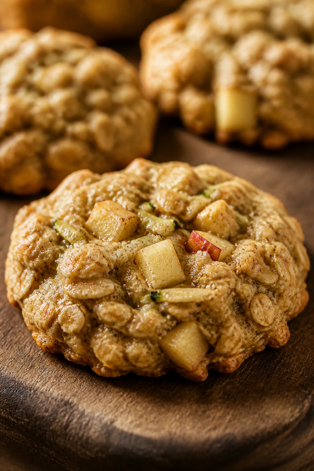 Close-up of an apple cinnamon zucchini oatmeal cookie with apple pieces