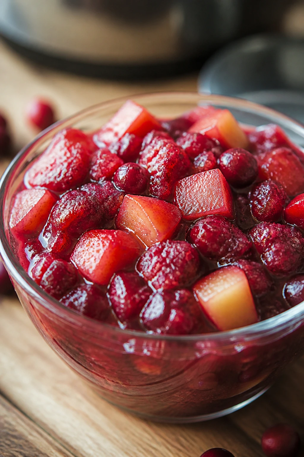 Apple cranberry chutney in a glass bowl on a wooden surface