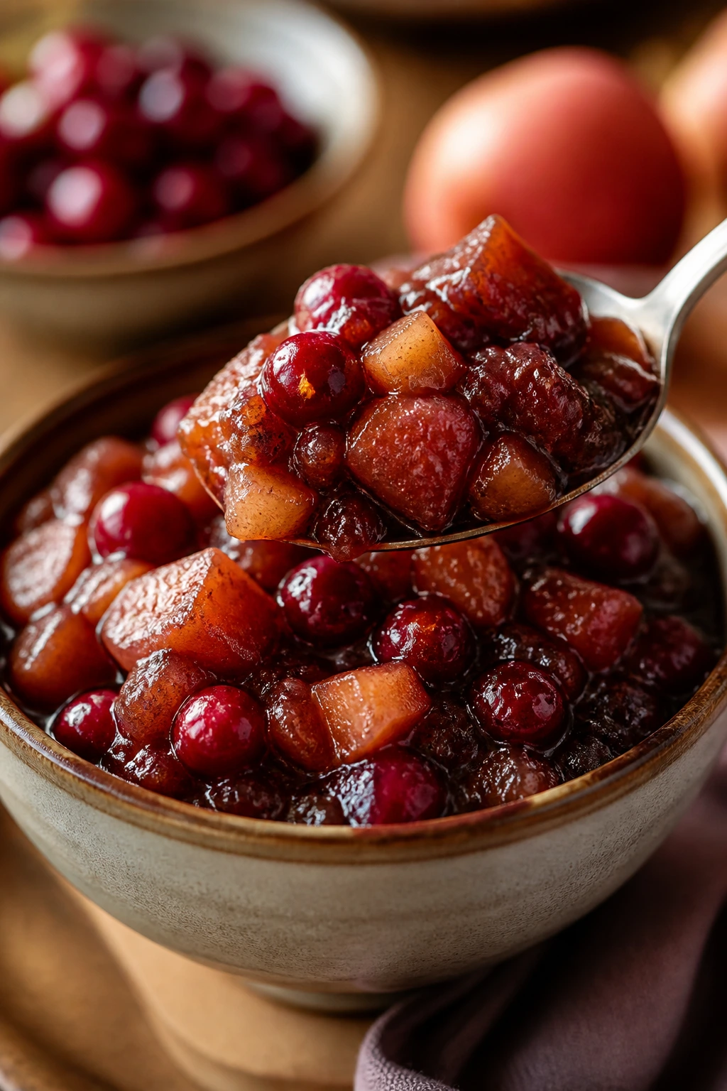 Close-up of apple cranberry chutney with apples and cranberries