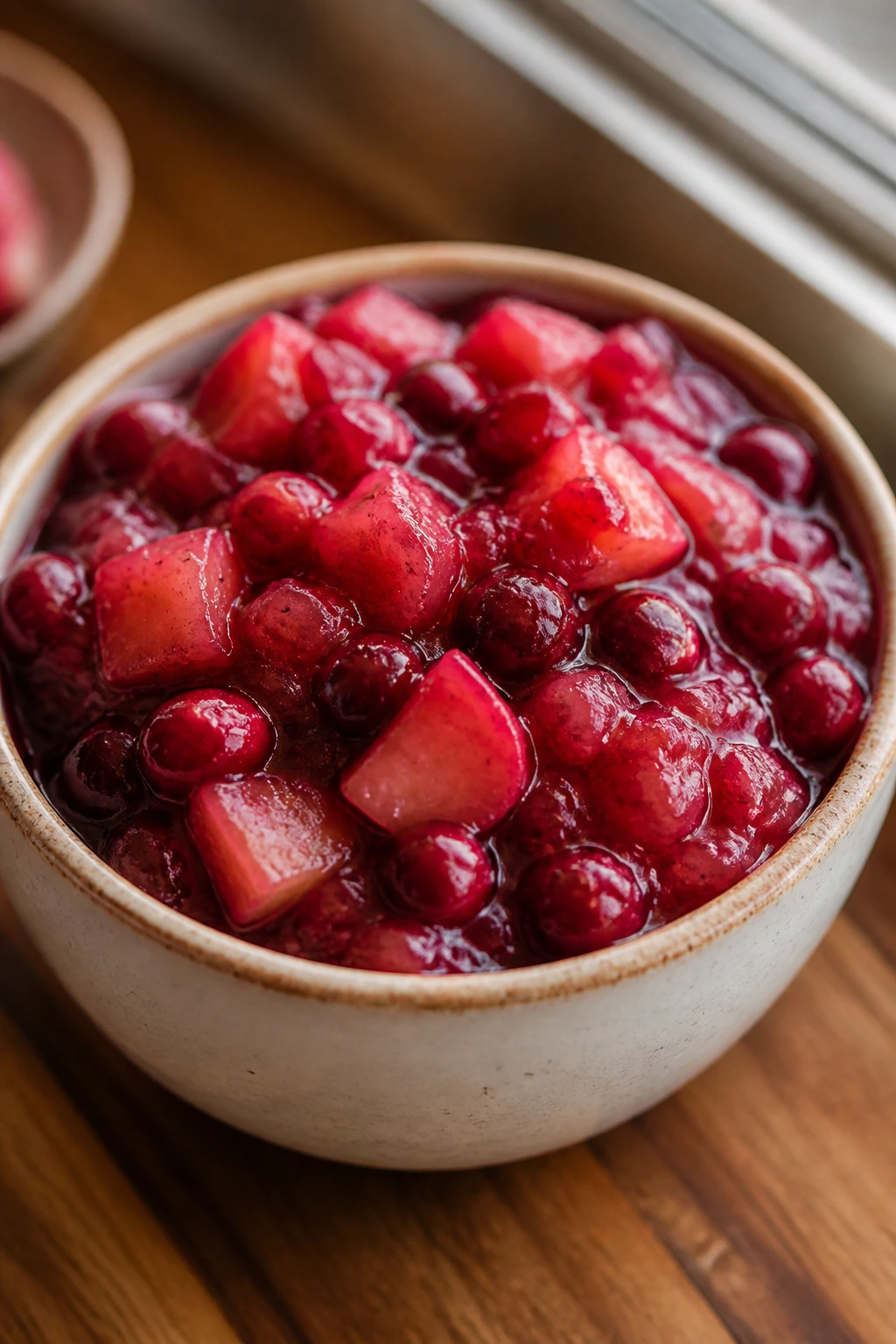 Close-up of glossy Apple Cranberry Compote in rustic dish with apples and cranberries