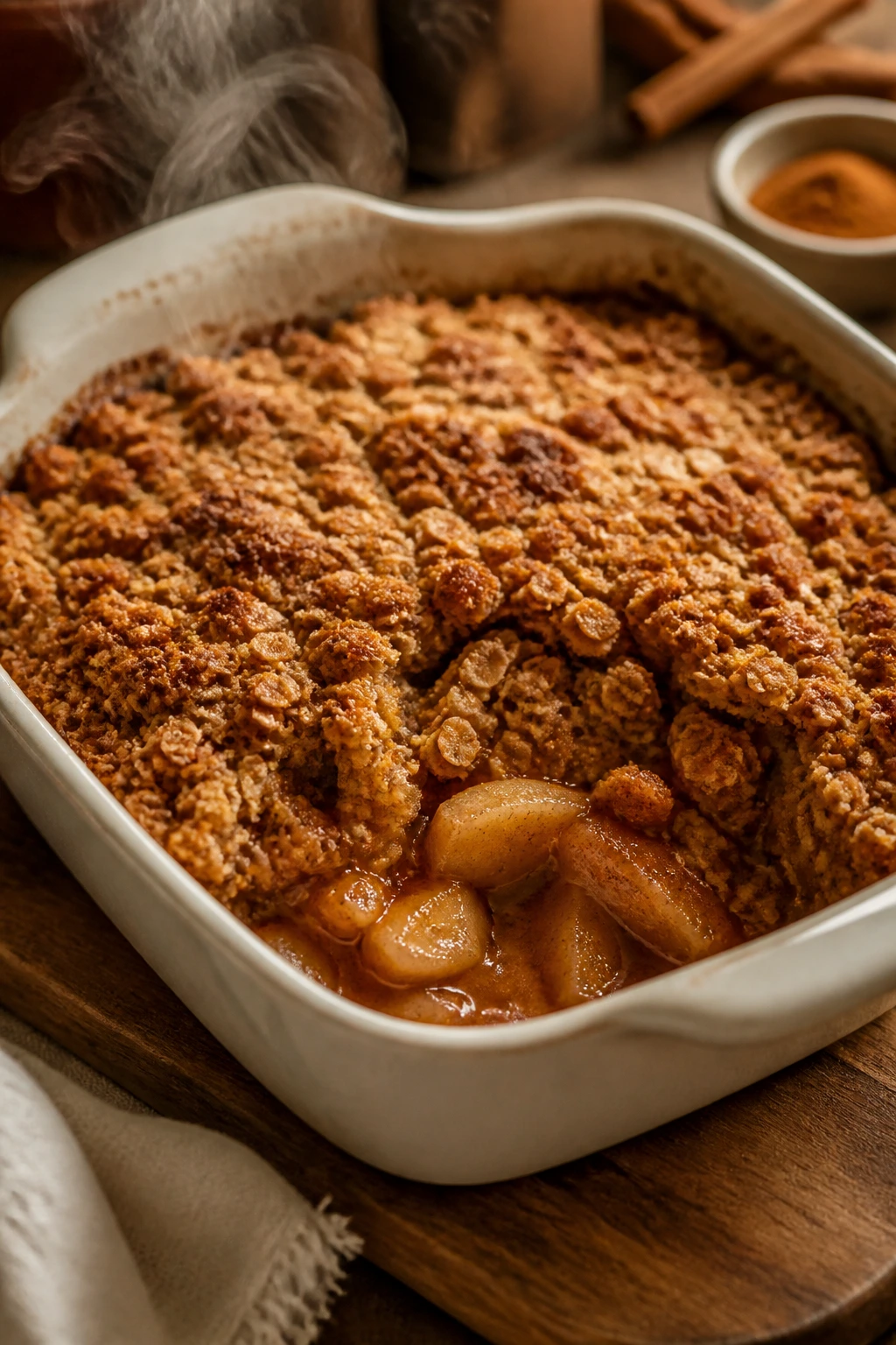 Apple crisp with oat topping in baking dish, warm kitchen setting