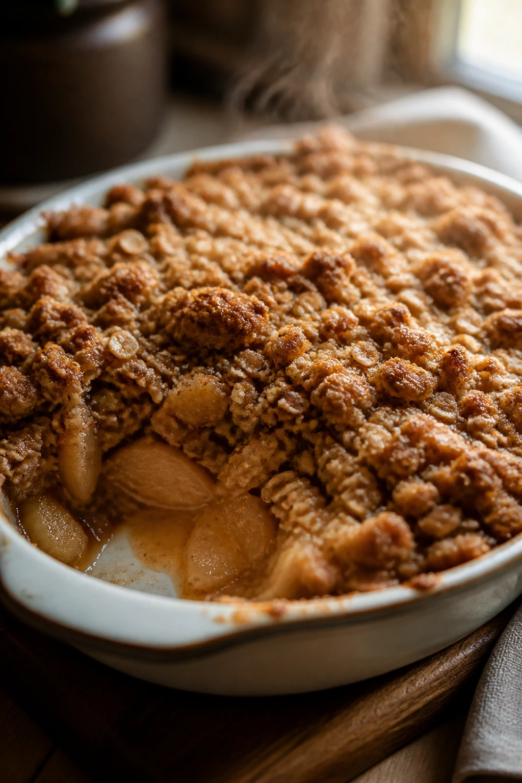 Apple crisp in a dish with oat topping in a warm kitchen