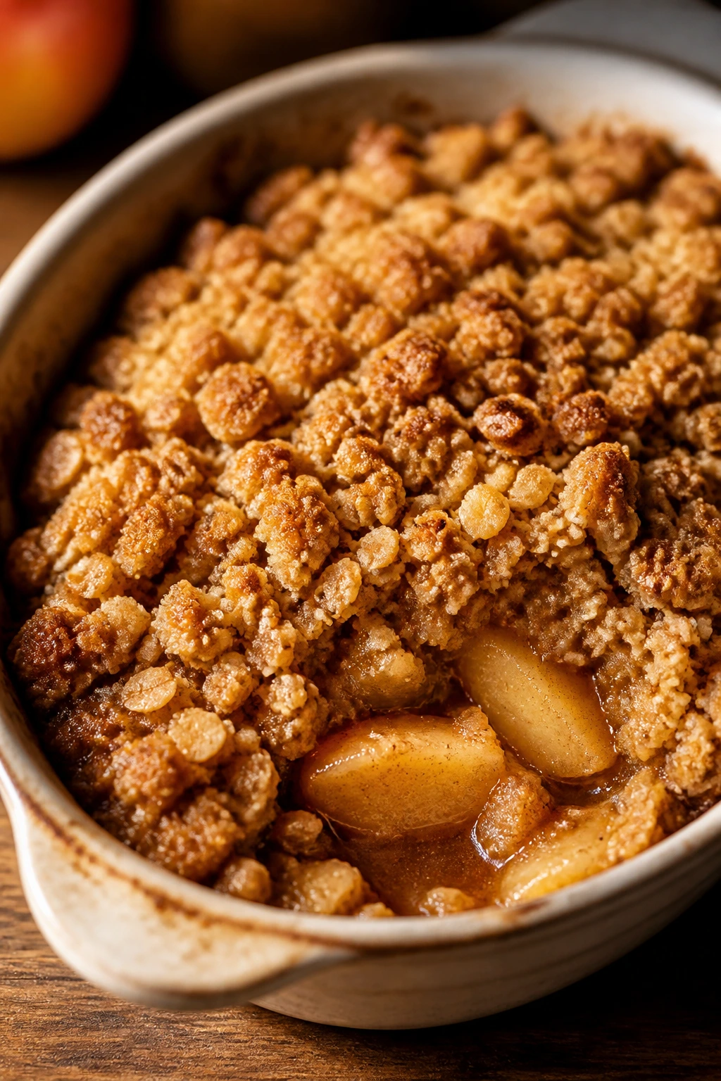 Close-up of apple crisp with oat streusel in a baking dish
