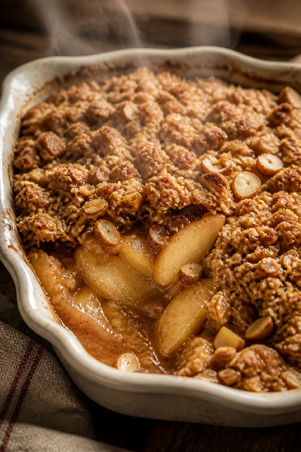 Warm apple crisp with oat-almond streusel steaming