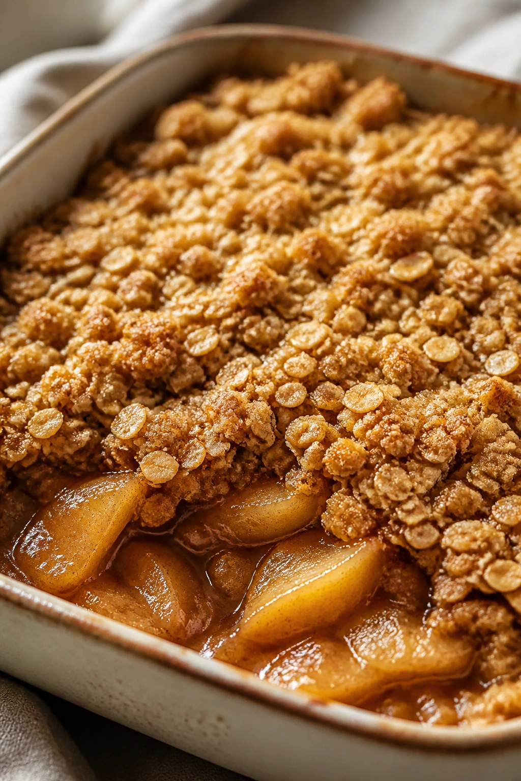 Close-up of apple crisp with oat topping in a baking dish