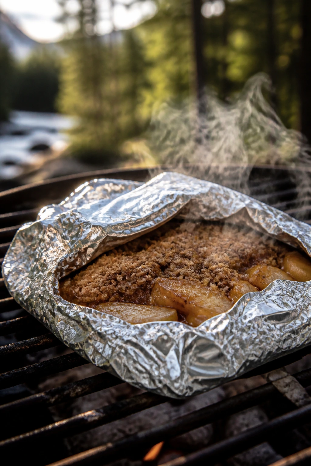Foil apple crisp packets on a grill outdoors, steam visible