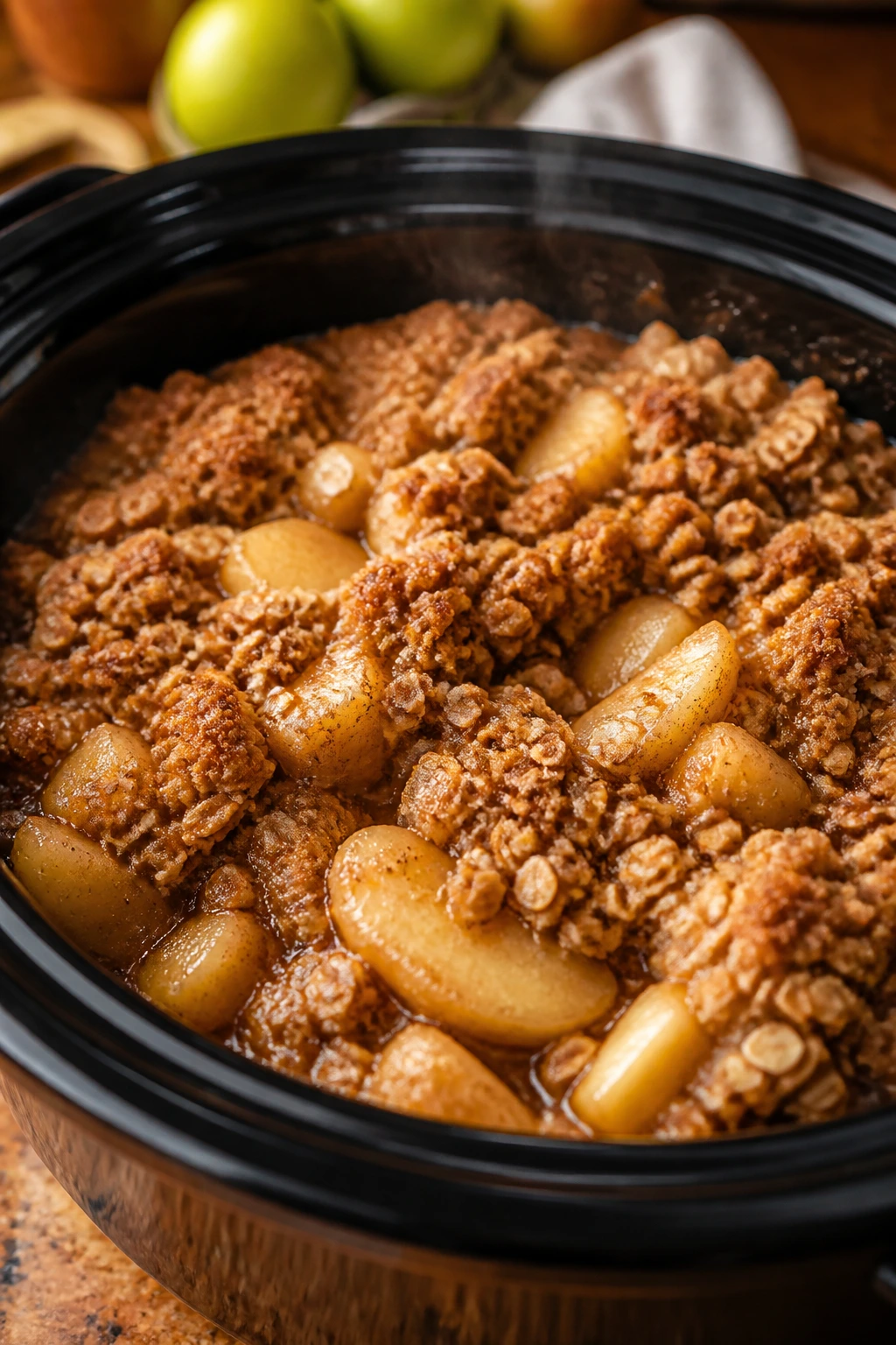 Close-up of apple crisp in slow cooker insert with crumb topping