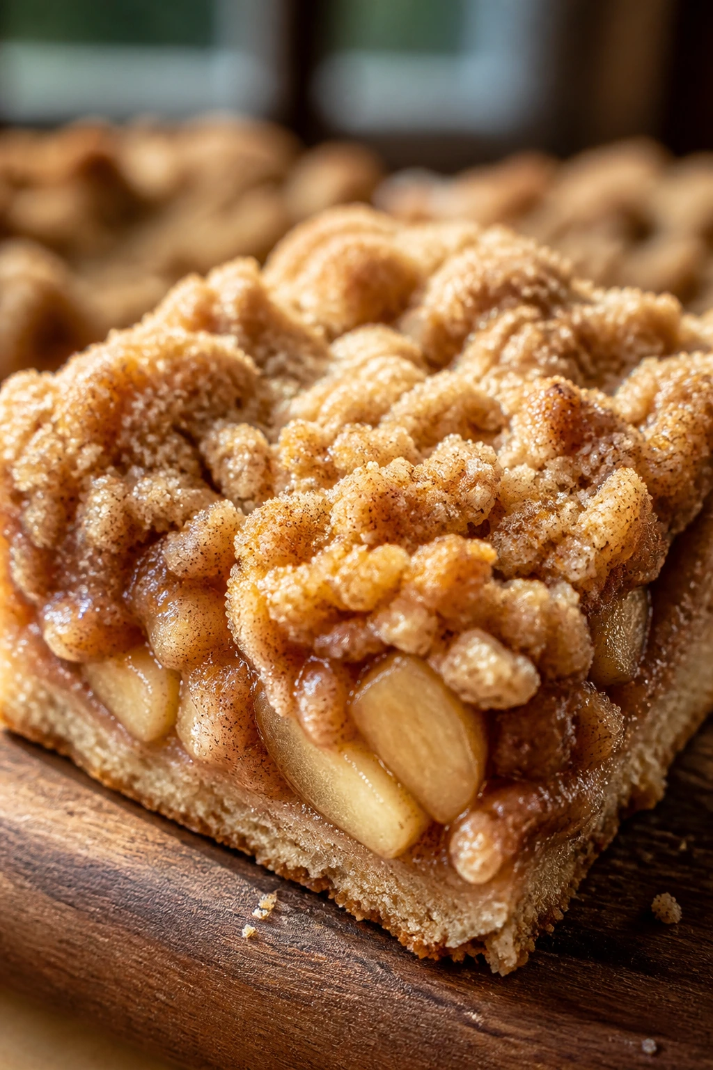 Close-up of a soft apple cinnamon crumble bar with jammy apple center on a wooden board