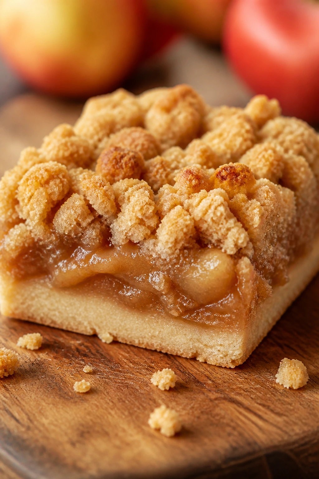 Close-up of Apple Crumble Bar square on a rustic wooden board.