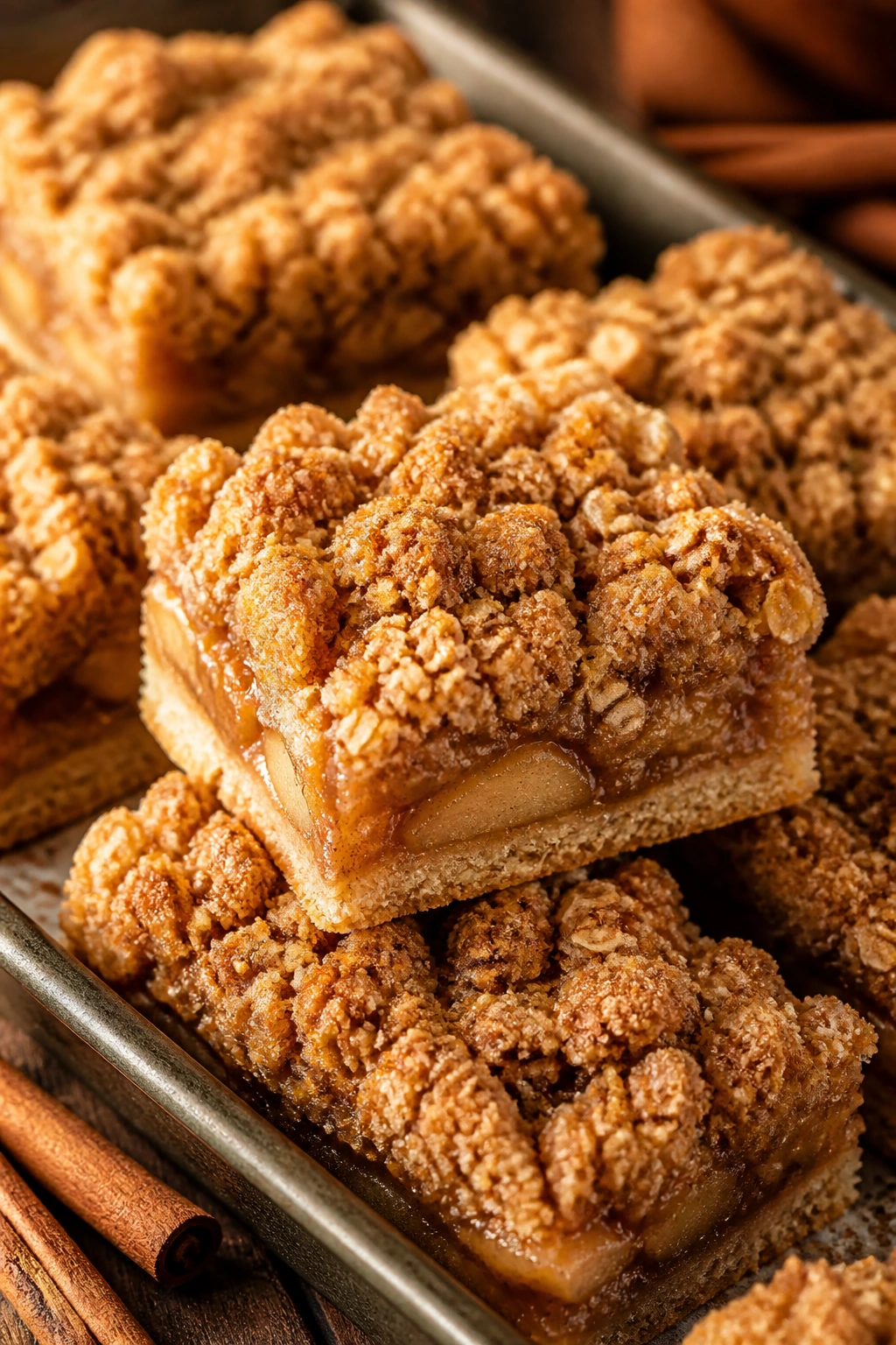 Close-up of apple crumble bars with crumb topping