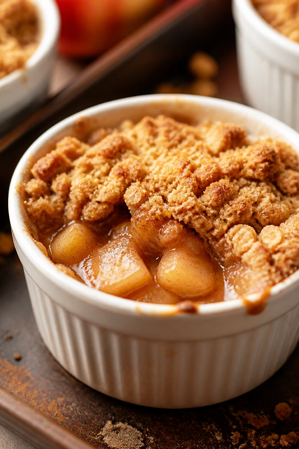 Close-up of an Apple Cinnamon Crumble Cup in a ramekin