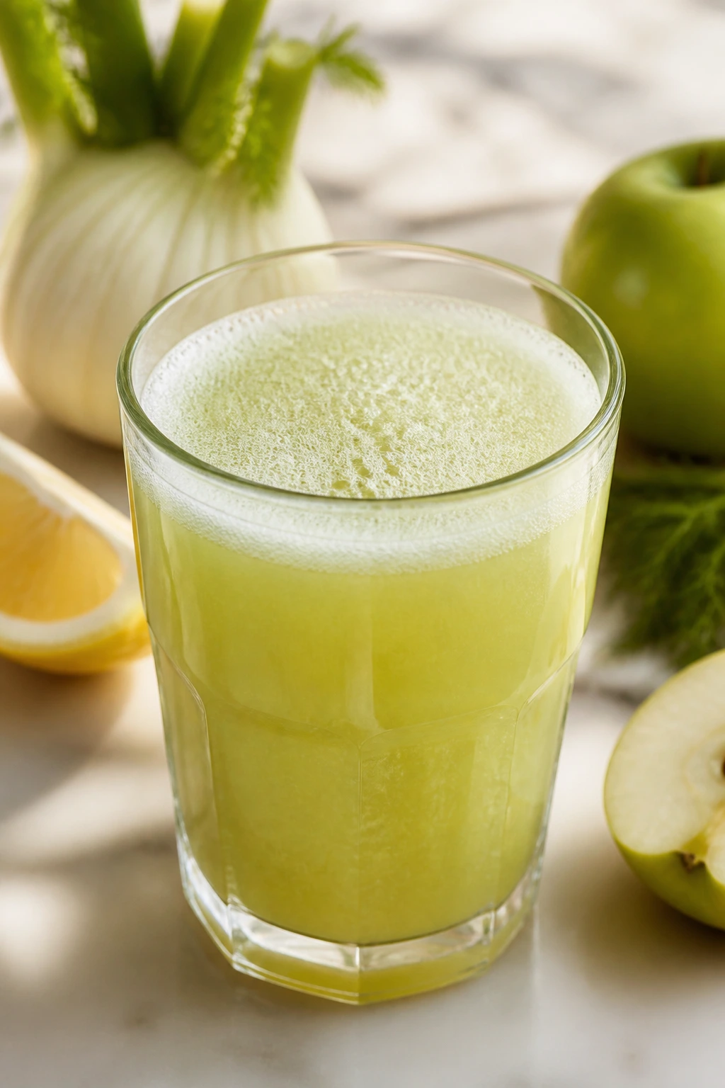 Pale yellow-green apple fennel lemon juice in a glass