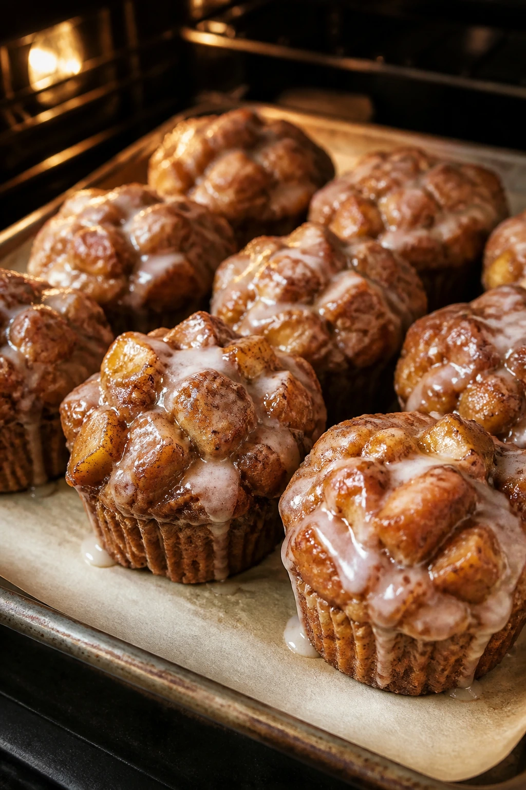 Glazed apple fritter muffins on parchment-lined tray