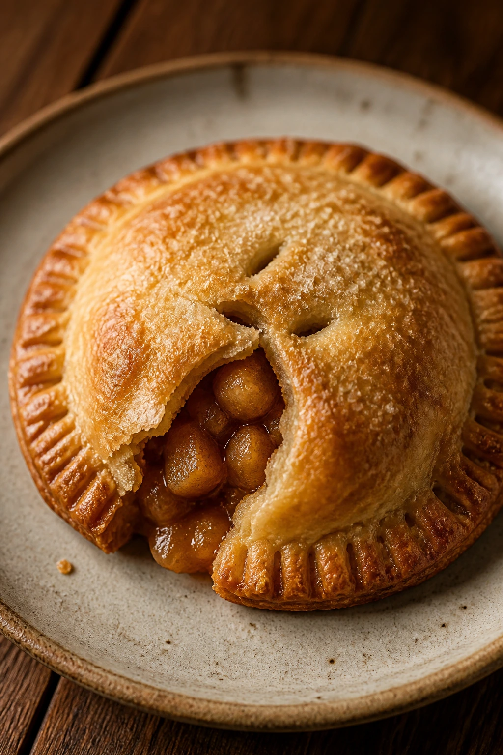 Close-up of a single apple hand pie with crimped edges on a rustic plate.