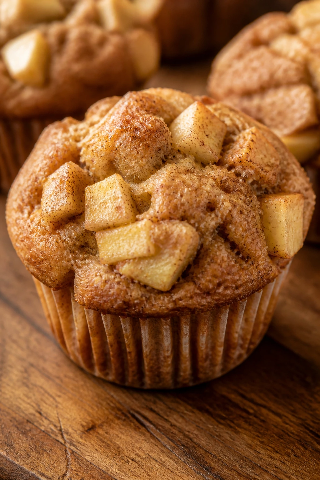 Close-up of an apple cinnamon muffin with visible apple chunks