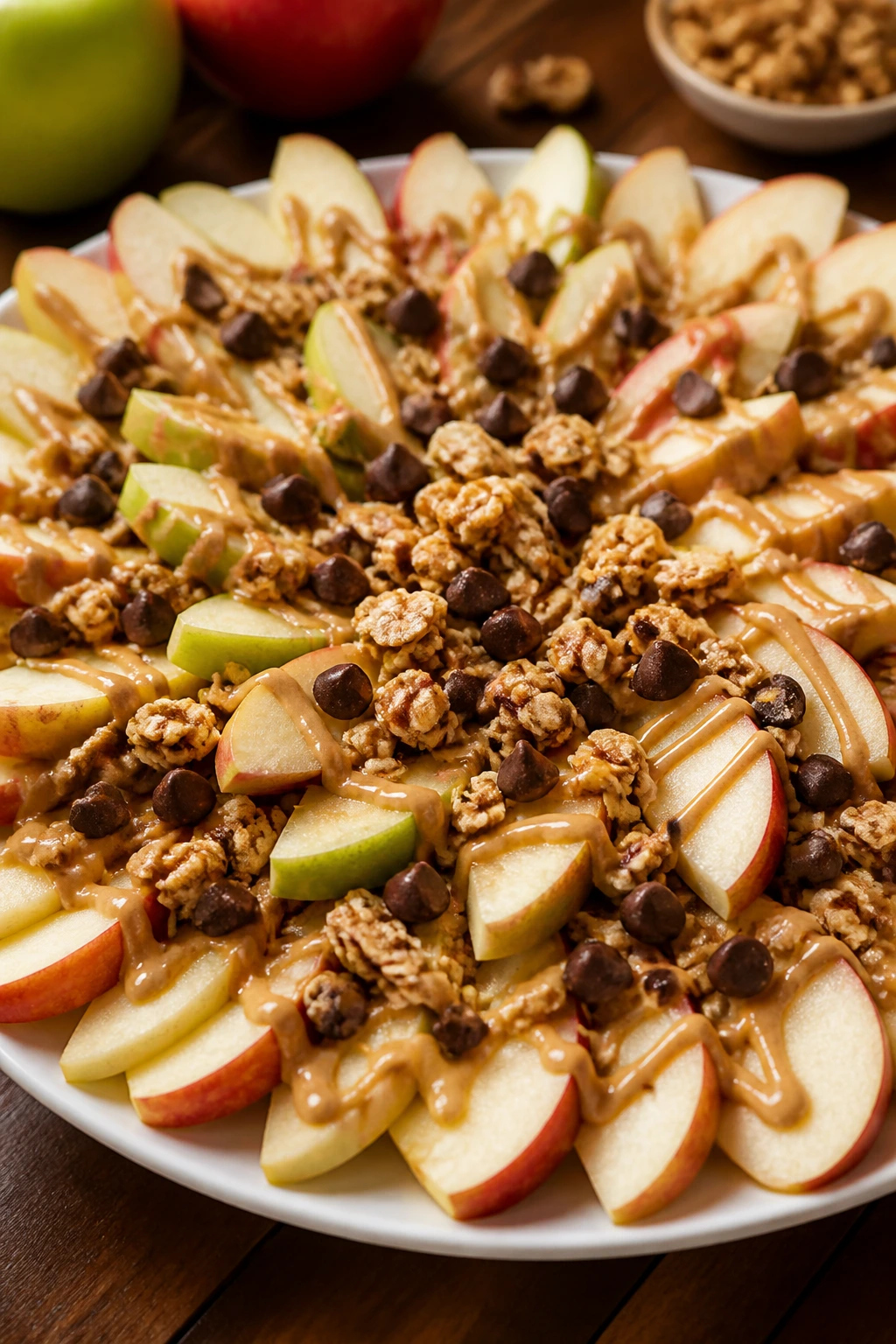 Close-up of apple nachos on a platter with peanut butter drizzle and toppings