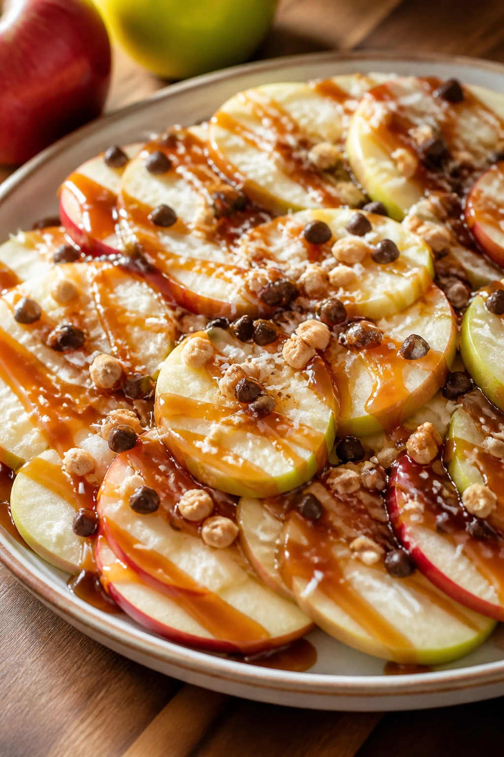 Close-up of Apple Nachos with Caramel Drizzle on a wooden platter